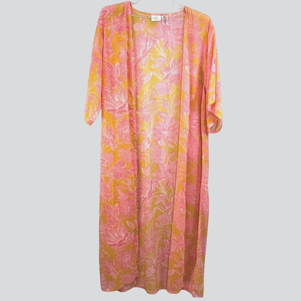 Floral Kimono Duster Pink/Orange Boho Cover Up Sheer OS EUC